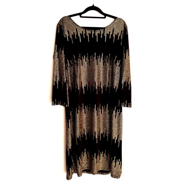 JM Studio by John Meyer Black Gold Chain Print Midi Dress 3/4 Sleeve Size Large - Picture 2 of 7